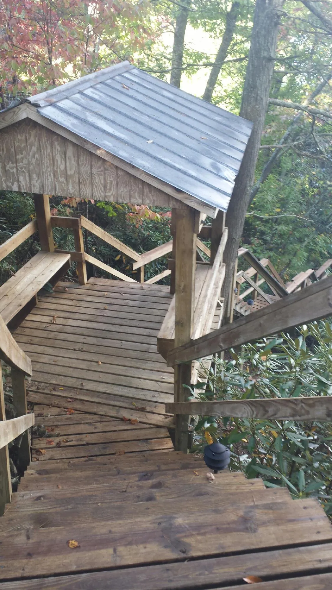 Metal roofed shelter over wooden steps on a wooded walkway — Skylight Repair & Installation work by our crew in Coeymans Hollow